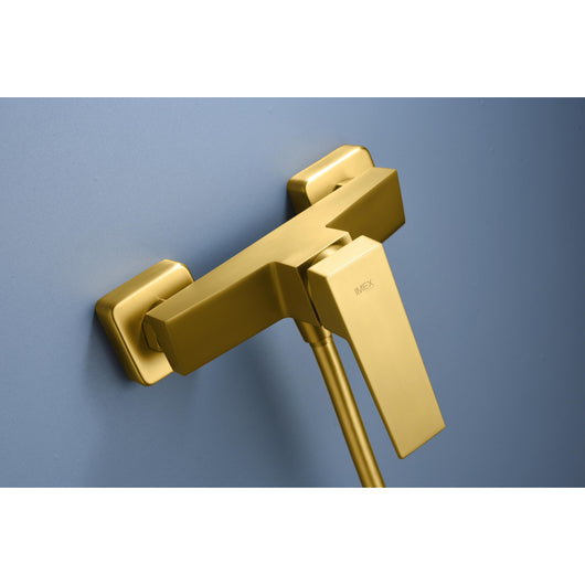IMEX Miscelatore doccia in ottone con finitura oro spazzolato tubo flessibile metallo 180 cm portamanopola ABS manopola quadrata cartuccia ceramica Ø35 mm – Modello Imex-BDAR025-5OC