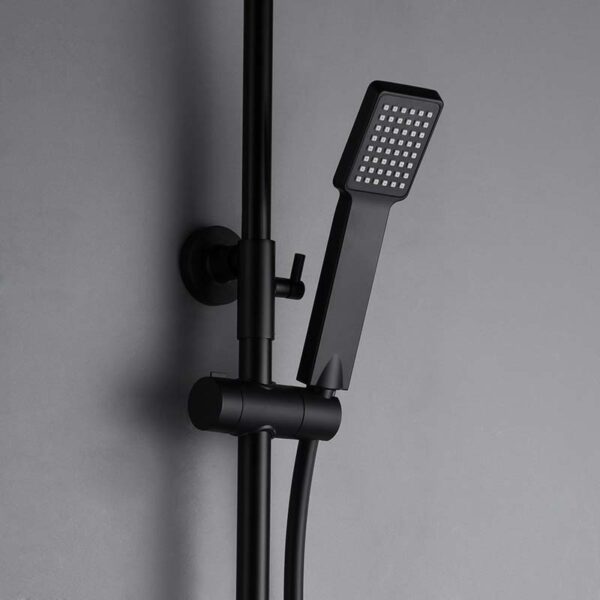 IMEX Colonna doccia monocomando nero opaco in acciaio inox e ottone con asta estensibile soffione extra piatto 20x20 cm anticalcare supporto regolabile cartuccia ceramica Ø35 mm tubo flessibile 1