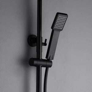 IMEX Colonna doccia monocomando nero opaco in acciaio inox e ottone con asta estensibile soffione extra piatto 20x20 cm anticalcare supporto regolabile cartuccia ceramica Ø35 mm tubo flessibile 1