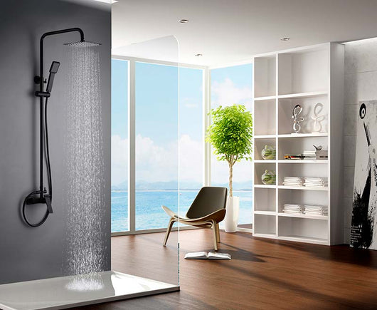 IMEX Colonna doccia monocomando nero opaco in acciaio inox e ottone con asta estensibile soffione extra piatto 20x20 cm anticalcare supporto regolabile cartuccia ceramica Ø35 mm tubo flessibile 1