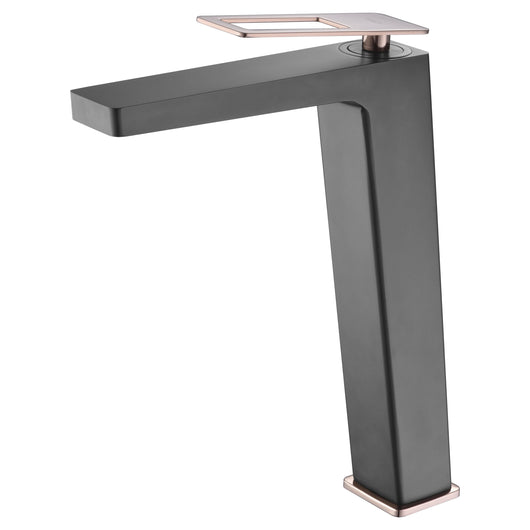 IMEX Miscelatore monocomando lavabo alto in ottone nero opaco con dettagli oro rosa lucido cartuccia ceramica Ø26 mm set 2 flessibili 3-8 inclusi altezza 289 mm canna 196 mm – Serie SUECIA BDC032-