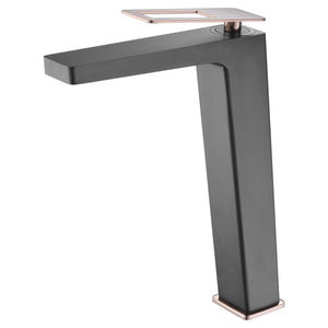 IMEX Miscelatore monocomando lavabo alto in ottone nero opaco con dettagli oro rosa lucido cartuccia ceramica Ø26 mm set 2 flessibili 3-8 inclusi altezza 289 mm canna 196 mm – Serie SUECIA BDC032-