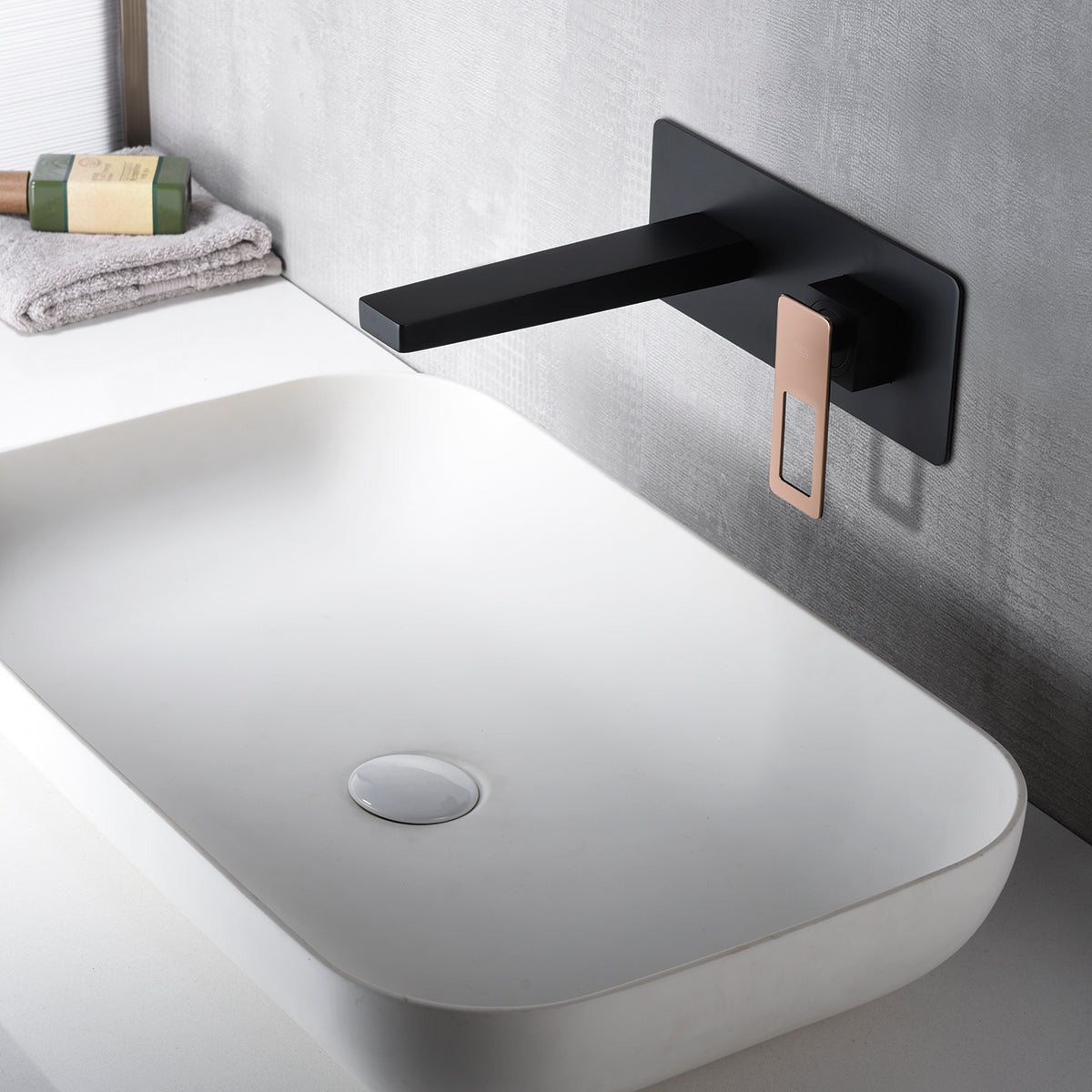IMEX Miscelatore incasso lavabo monocomando in ottone e zama nero opaco con accenti oro rosa corpo incassato a parete con scatola di registrazione centralina integrata - modello Imex-BDC032-4NOR SUE