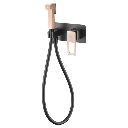 IMEX Miscelatore incasso bidet monocomando acciaio e ottone nero opaco con dettagli oro rosa finitura lucida doccetta 1 posizione tubo flessibile rinforzato corpo incassato modello Suecia Imex-BDC032-