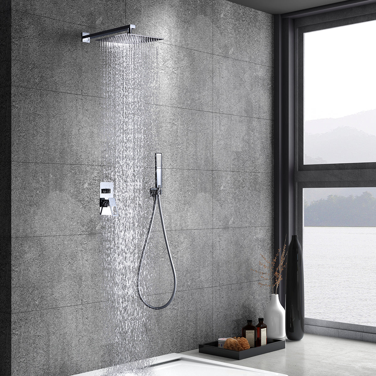 IMEX Kit incasso doccia miscelatore cromato acciaio inox S304 e ottone 2 vie soffione 25x25 cm anticalcare tubo flessibile PVC 150 cm cartuccia monocomando 35 mm maniglia supporto a parete Imex-BDC03