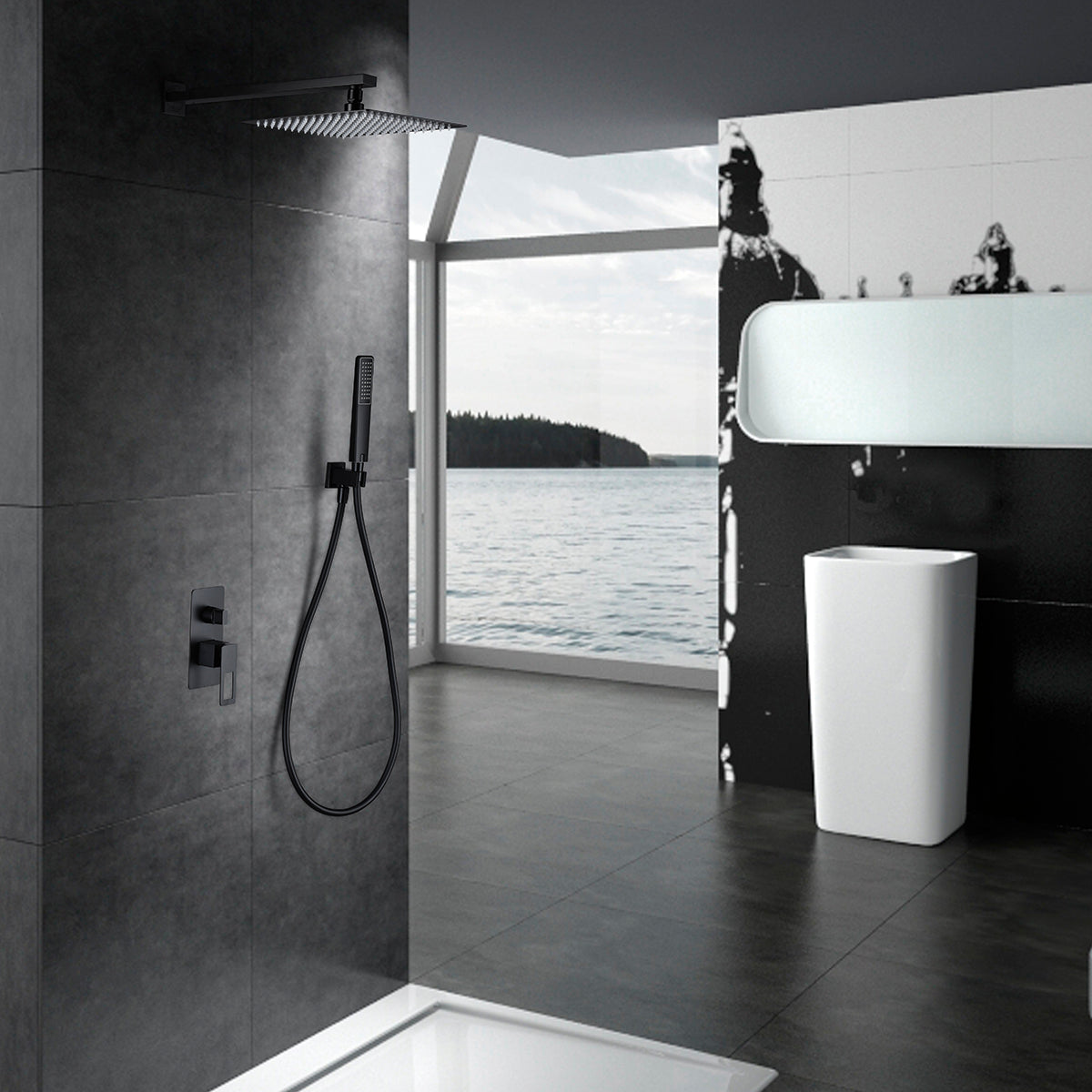 IMEX Kit Incasso Doccia Nero Opaco in Acciaio e Ottone Soffione 25x25 cm Inox S304 Extra Piatto Miscelatore Monocomando 2 Vie Tubo Flessibile PVC 150 cm Doccetta Tonda Supporto Parete - Imex-BDC