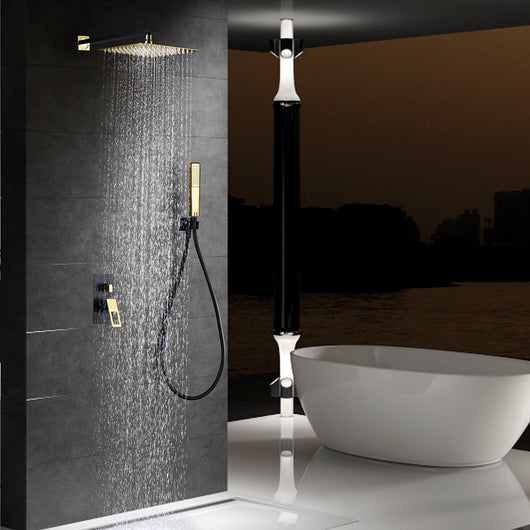 IMEX Kit Incasso Doccia Miscelatore Serie SUECIA Corpo in Ottone Nero Opaco con Accenti Oro Lucido Soffione 25x25 cm Acciaio Inox S304 Oro Lucido Anticalcare Cartuccia Monocomando 35 mm Flessibile