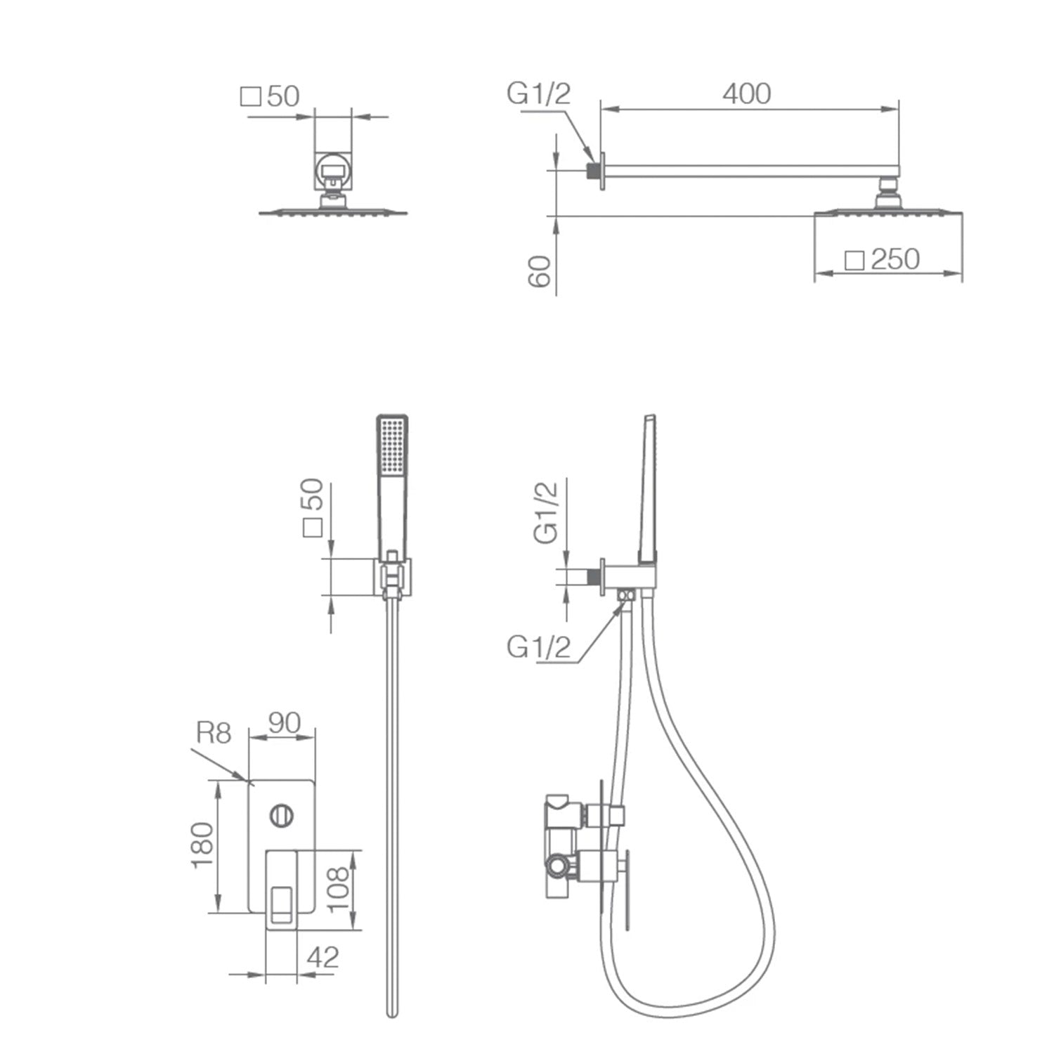 IMEX Kit Incasso Doccia Nero Opaco in Acciaio e Ottone Soffione 25x25 cm Inox S304 Extra Piatto Miscelatore Monocomando 2 Vie Tubo Flessibile PVC 150 cm Doccetta Tonda Supporto Parete - Imex-BDC