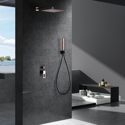 IMEX Kit incasso doccia miscelatore corpo in ottone nero opaco e acciaio inox soffione 25x25 cm acciaio S304 oro rosa lucido anticalcare cartuccia monocomando Ø35 mm tubo flessibile PVC nero-oro rosa