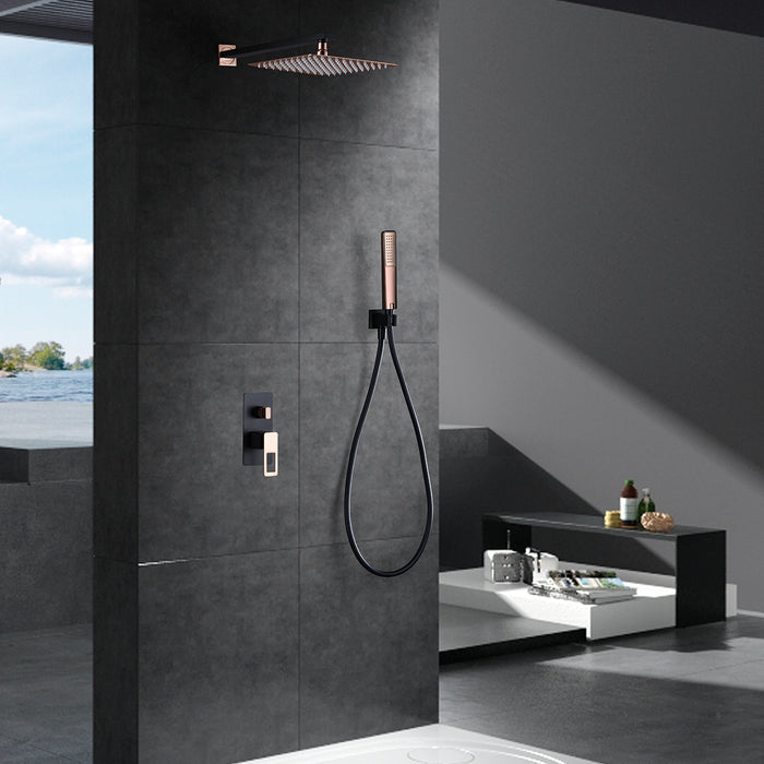 IMEX Kit incasso doccia miscelatore corpo in ottone nero opaco e acciaio inox soffione 25x25 cm acciaio S304 oro rosa lucido anticalcare cartuccia monocomando Ø35 mm tubo flessibile PVC nero-oro rosa