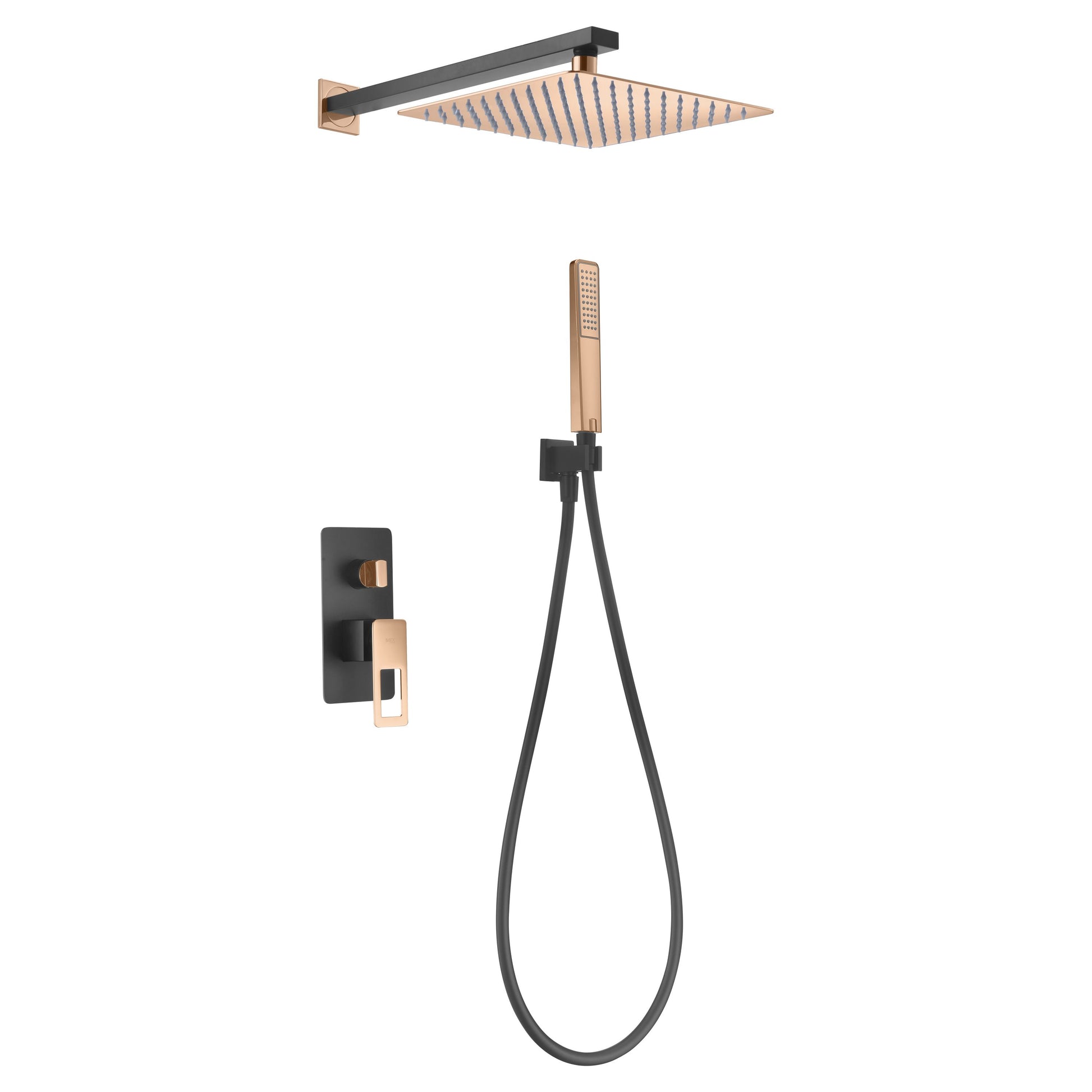 IMEX Kit incasso doccia miscelatore corpo in ottone nero opaco e acciaio inox soffione 25x25 cm acciaio S304 oro rosa lucido anticalcare cartuccia monocomando Ø35 mm tubo flessibile PVC nero-oro rosa