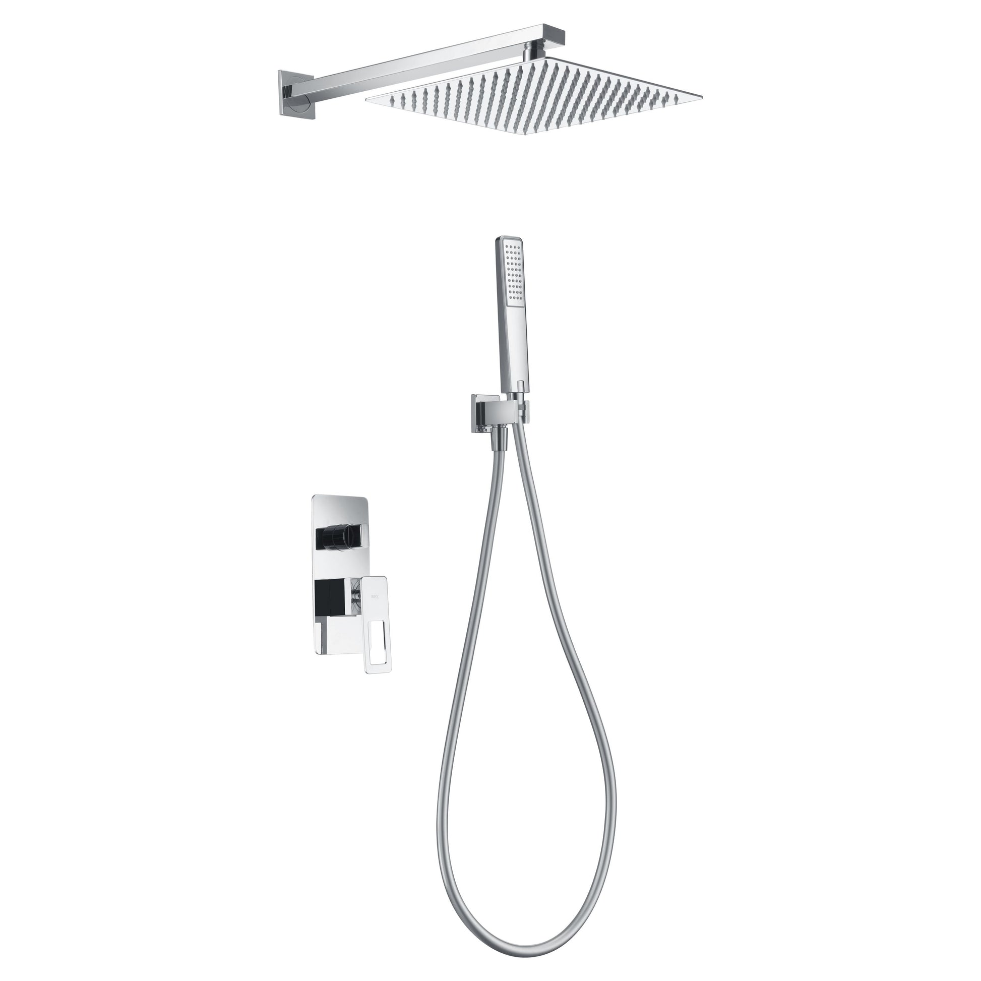 IMEX Kit incasso doccia miscelatore cromato acciaio inox S304 e ottone 2 vie soffione 25x25 cm anticalcare tubo flessibile PVC 150 cm cartuccia monocomando 35 mm maniglia supporto a parete Imex-BDC03