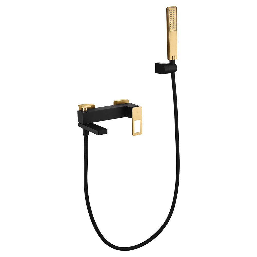 IMEX Miscelatore vasca-doccia in ottone nero opaco con accenti oro lucido portamanopola in ABS tubo flessibile PVC 180 cm cartuccia ceramica Ø35 mm doccetta 1 posizione nera-oro - Imex-BDC032-7NGO