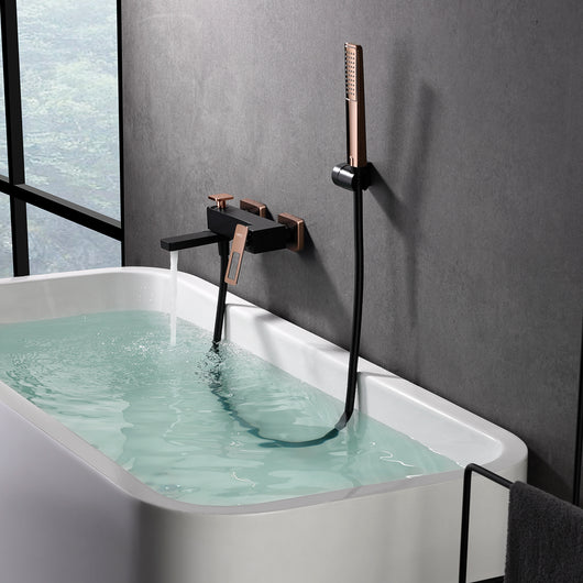IMEX Miscelatore vasca-doccia in ottone e zama nero opaco con dettagli oro rosa supporto doccetta in ABS doccetta rotonda 1 posizione tubo flessibile PVC 180 cm cartuccia ceramica Ø35 mm - Modello