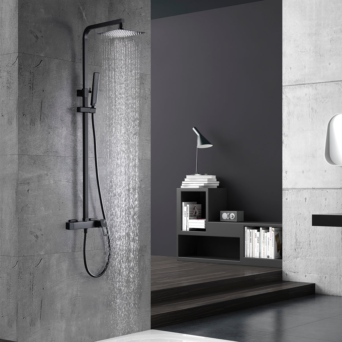 IMEX Set doccia miscelatore monocomando nero opaco acciaio inox S304 e ottone asta estensibile 20x20 cm soffione extrapiatto anticalcare cartuccia ceramica Ø35mm tubo flessibile Imex-BDC032-NG