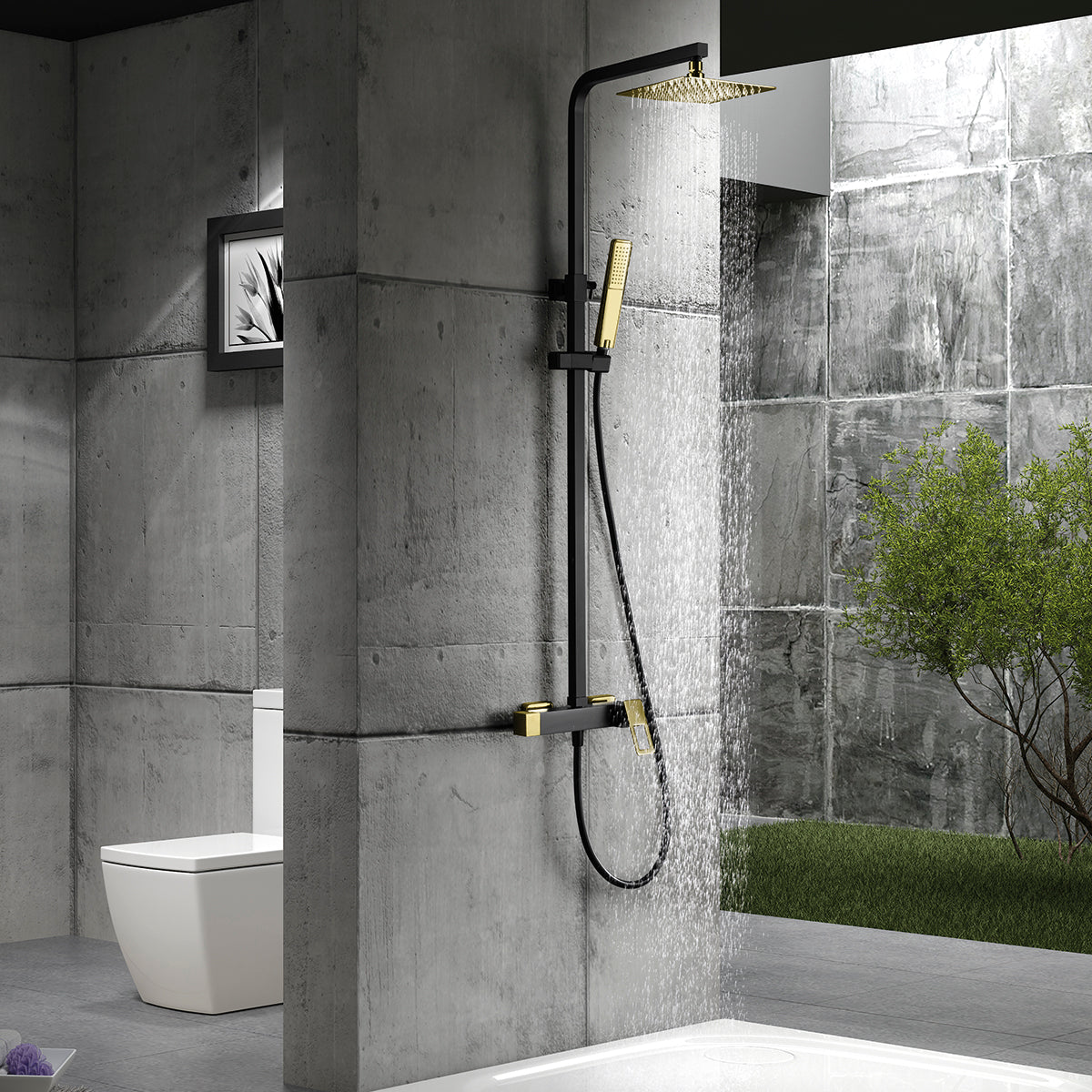 IMEX Colonna doccia miscelatore monocomando nero opaco-oro lucido in ottone e acciaio inox S304 con asta estensibile soffione extra piatto 20x20 cm anticalcare supporto regolabile cartuccia cerami