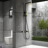 IMEX Colonna doccia miscelatore monocomando nero opaco-oro lucido in ottone e acciaio inox S304 con asta estensibile soffione extra piatto 20x20 cm anticalcare supporto regolabile cartuccia cerami