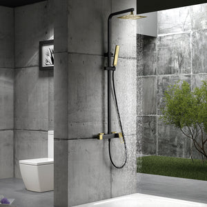 IMEX Colonna doccia miscelatore monocomando nero opaco-oro lucido in ottone e acciaio inox S304 con asta estensibile soffione extra piatto 20x20 cm anticalcare supporto regolabile cartuccia cerami