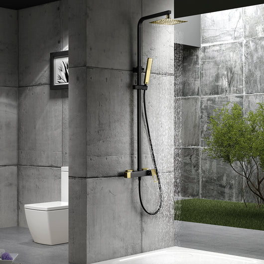 IMEX Colonna doccia miscelatore monocomando nero opaco-oro lucido in ottone e acciaio inox S304 con asta estensibile soffione extra piatto 20x20 cm anticalcare supporto regolabile cartuccia cerami