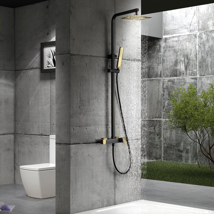 IMEX Colonna doccia miscelatore monocomando nero opaco-oro lucido in ottone e acciaio inox S304 con asta estensibile soffione extra piatto 20x20 cm anticalcare supporto regolabile cartuccia cerami