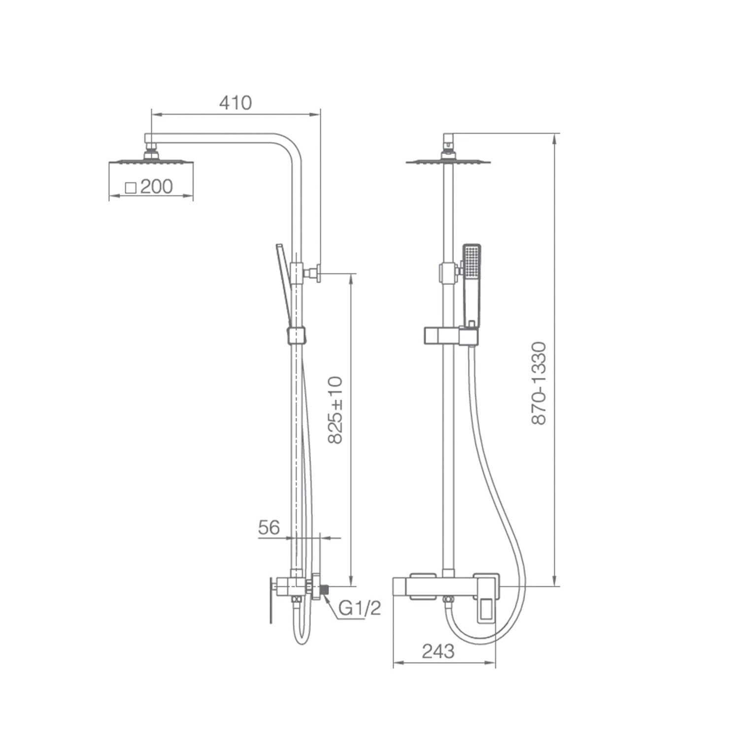 IMEX Colonna doccia miscelatore monocomando nero opaco-oro lucido in ottone e acciaio inox S304 con asta estensibile soffione extra piatto 20x20 cm anticalcare supporto regolabile cartuccia cerami