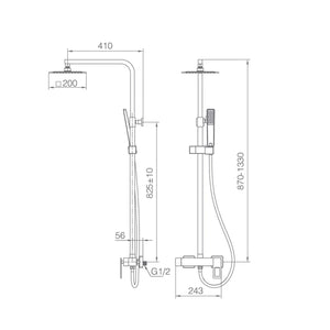 IMEX Colonna doccia miscelatore monocomando nero opaco-oro lucido in ottone e acciaio inox S304 con asta estensibile soffione extra piatto 20x20 cm anticalcare supporto regolabile cartuccia cerami