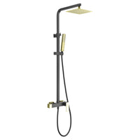 IMEX Colonna doccia miscelatore monocomando nero opaco-oro lucido in ottone e acciaio inox S304 con asta estensibile soffione extra piatto 20x20 cm anticalcare supporto regolabile cartuccia cerami