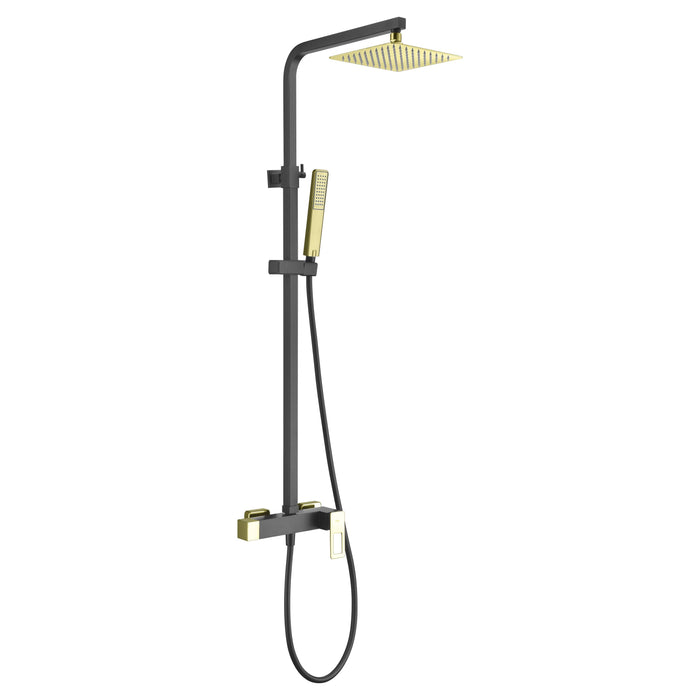 IMEX Colonna doccia miscelatore monocomando nero opaco-oro lucido in ottone e acciaio inox S304 con asta estensibile soffione extra piatto 20x20 cm anticalcare supporto regolabile cartuccia cerami