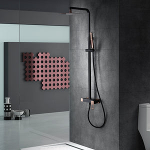 IMEX Colonna doccia miscelatore nero-oro rosa in acciaio inox S304 e ottone asta estensibile soffione extra piatto 20x20 cm anticalcare supporto regolabile cartuccia ceramica Ø35 mm flessibile 1