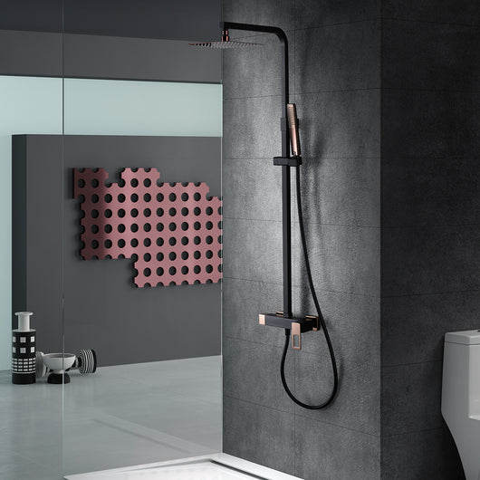 IMEX Colonna doccia miscelatore nero-oro rosa in acciaio inox S304 e ottone asta estensibile soffione extra piatto 20x20 cm anticalcare supporto regolabile cartuccia ceramica Ø35 mm flessibile 1