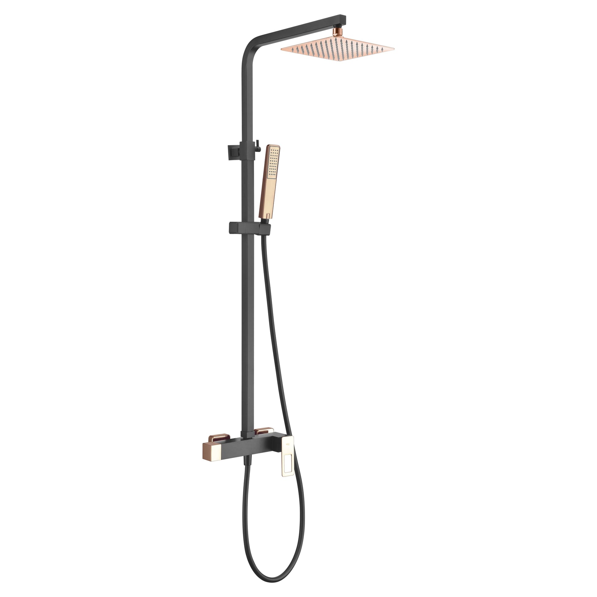 IMEX Colonna doccia miscelatore nero-oro rosa in acciaio inox S304 e ottone asta estensibile soffione extra piatto 20x20 cm anticalcare supporto regolabile cartuccia ceramica Ø35 mm flessibile 1