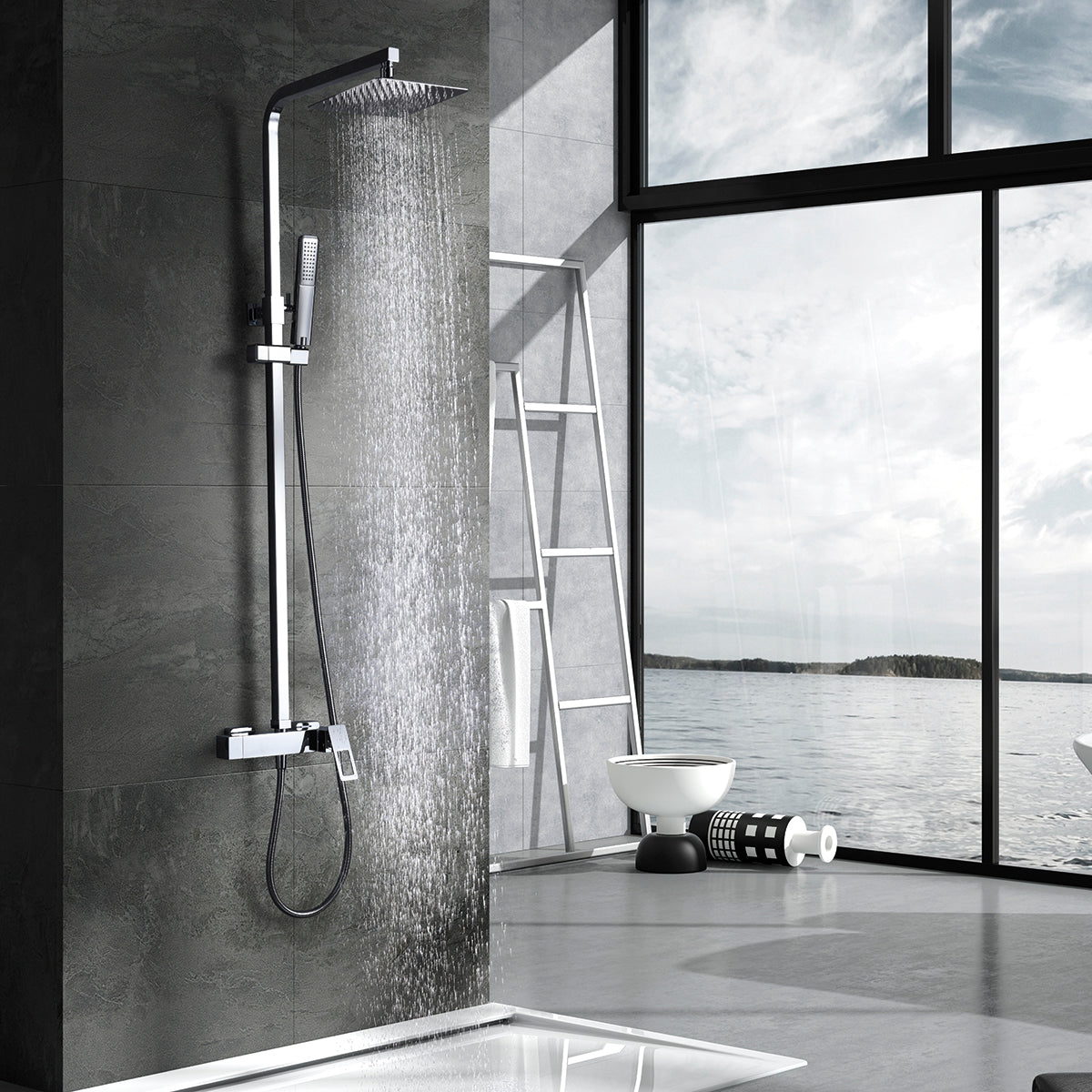 IMEX Set doccia miscelatore monocomando cromata acciaio inox S304 e ottone asta estensibile soffione extrapiatto 20x20 cm anticalcare cartuccia ceramica Ø35mm tubo 15 m modello Imex-BDC032