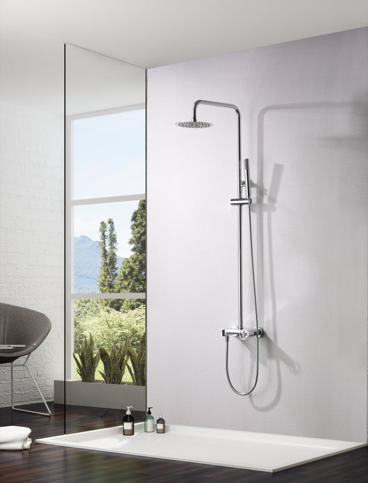 IMEX Set doccia monocomando Olimpo cromato in acciaio inox S304 e ottone soffione anticalcare Ø20 cm extra piatto asta estensibile cartuccia ceramica Ø35 mm tubo flessibile 15 m finitura cromo