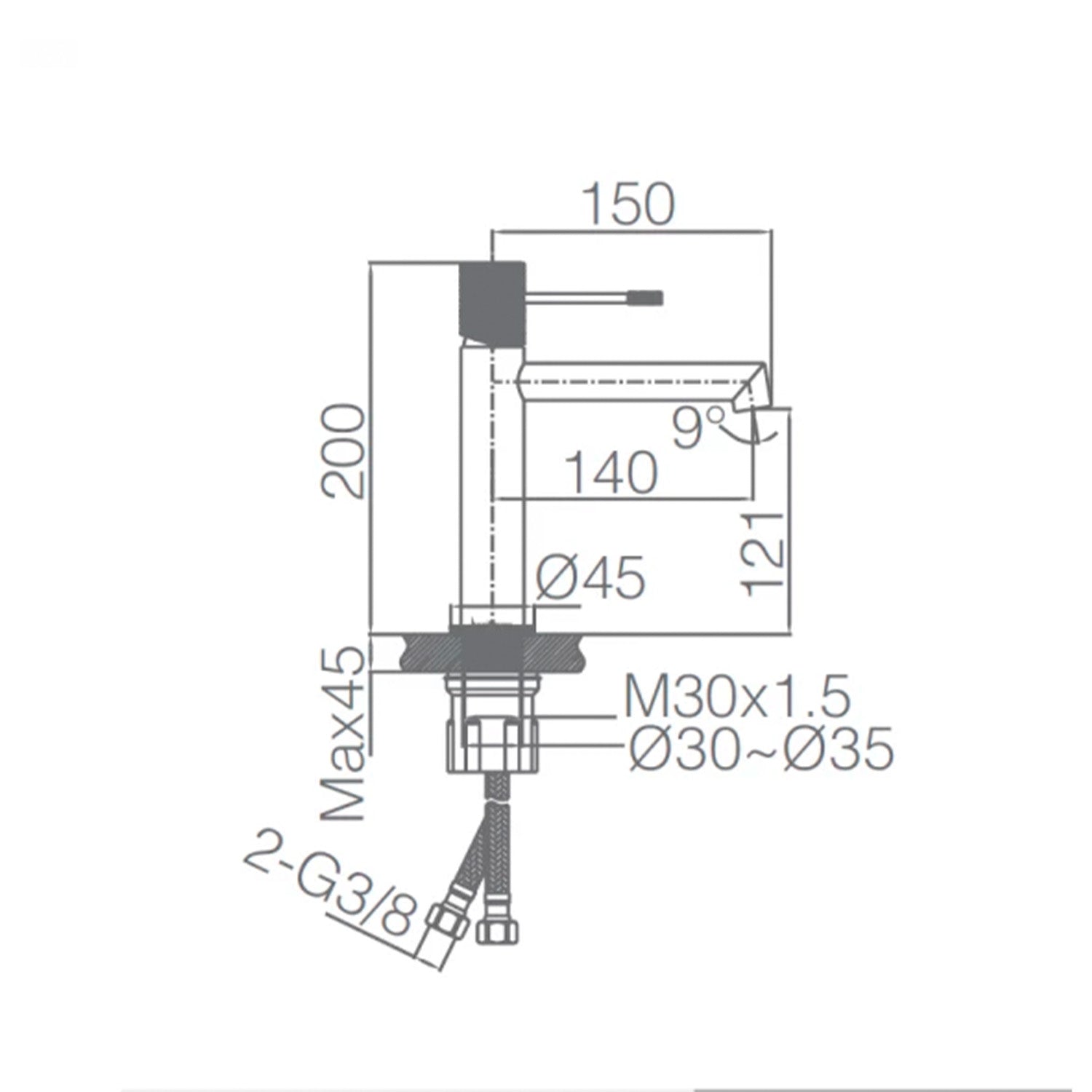 IMEX Miscelatore lavabo monocomando cromato in ottone e zama con cartuccia ceramica Ø26 mm TOP set 2 flessibili 3-8 inclusi altezza 200 mm canna 150 mm modello BDD038-1