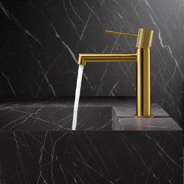 IMEX Miscelatore lavabo monocomando in ottone finitura oro spazzolato con cartuccia ceramica Ø26 mm e set 2 flessibili 3-8 inclusi altezza 200 mm canna 150 mm Serie LINE BDD038-1OC