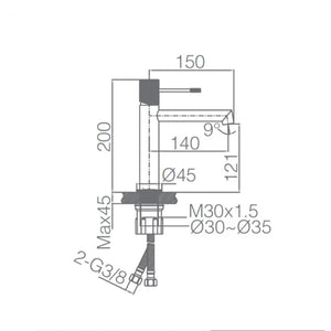 IMEX Miscelatore lavabo monocomando in ottone finitura oro spazzolato con cartuccia ceramica Ø26 mm e set 2 flessibili 3-8 inclusi altezza 200 mm canna 150 mm Serie LINE BDD038-1OC
