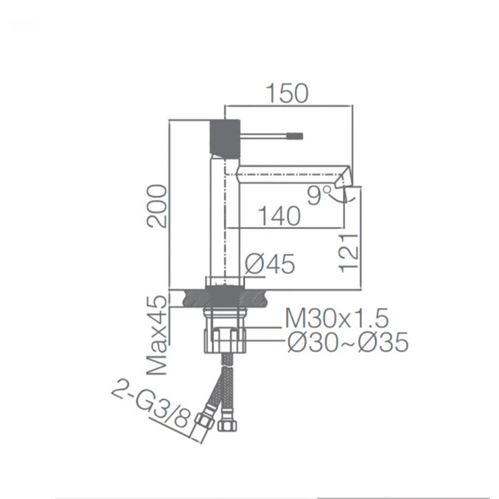 IMEX Miscelatore lavabo monocomando in ottone finitura oro spazzolato con cartuccia ceramica Ø26 mm e set 2 flessibili 3-8 inclusi altezza 200 mm canna 150 mm Serie LINE BDD038-1OC