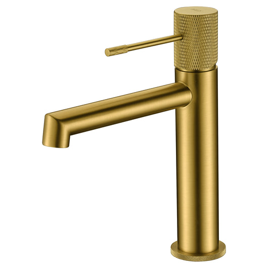IMEX Miscelatore lavabo monocomando in ottone finitura oro spazzolato con cartuccia ceramica Ø26 mm e set 2 flessibili 3-8 inclusi altezza 200 mm canna 150 mm Serie LINE BDD038-1OC