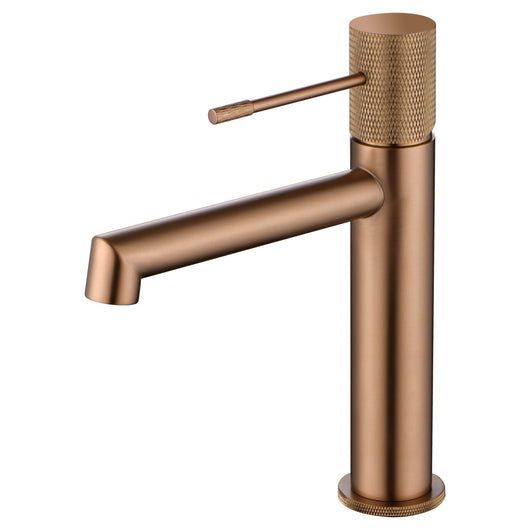 IMEX Miscelatore lavabo monocomando in ottone con finitura oro rosa spazzolato cartuccia ceramica Ø26 mm TOP set 2 flessibili 3-8 inclusi altezza 200 mm canna 150 mm – Modello BDD038-1ORC