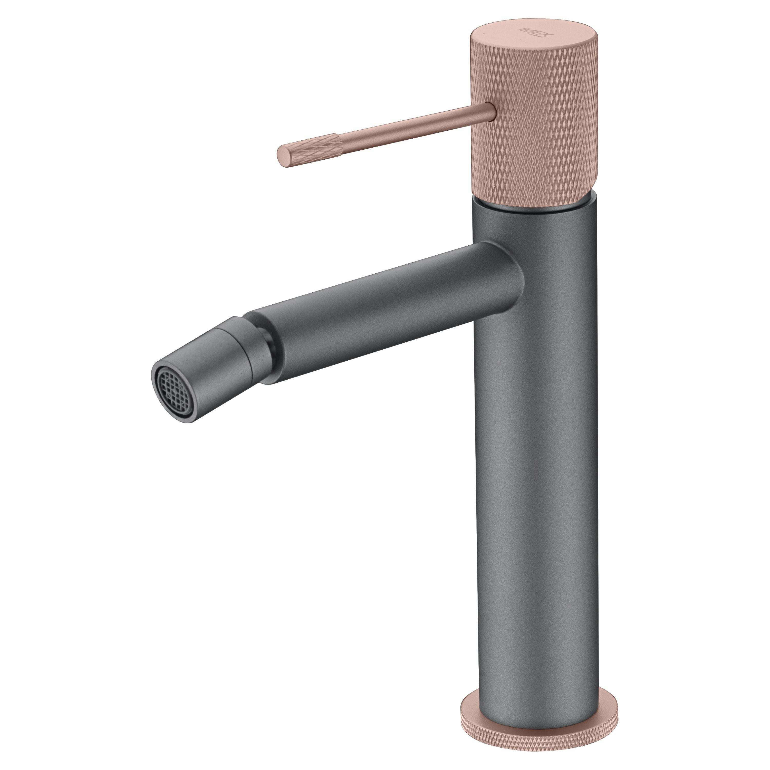 IMEX Miscelatore bidet monocomando in ottone con finitura nero e oro rosa opaco cartuccia ceramica Ø26 mm 2 flessibili 3-8 inclusi altezza 200 mm canna 130 mm – Modello BDD038-2GC