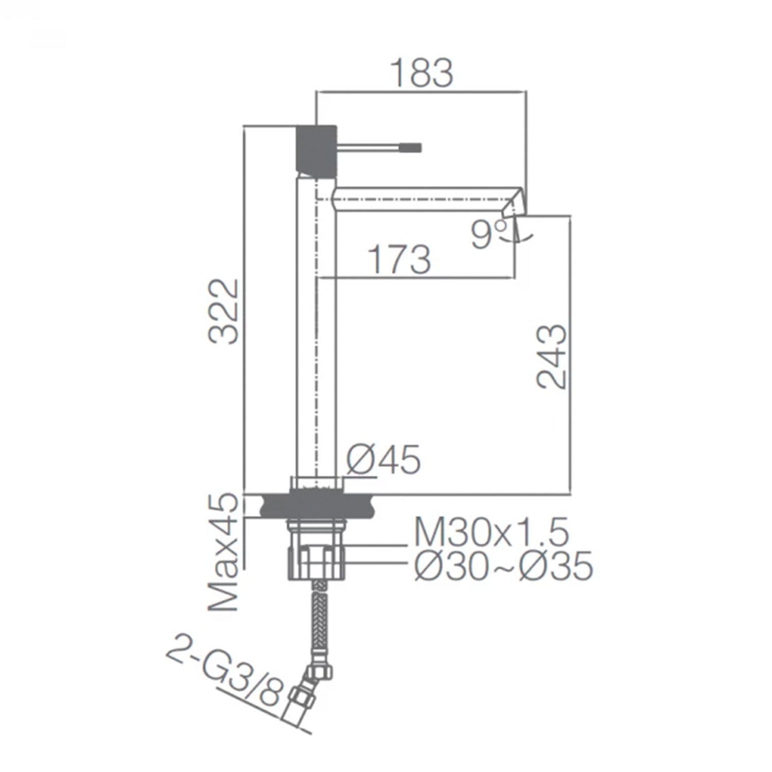 IMEX Miscelatore lavabo alto in ottone cromato con cartuccia ceramica Ø26 mm TOP e set 2 flessibili 3-8 inclusi altezza 322 mm canna 173 mm modello BDD038-3