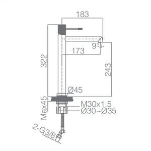 IMEX Miscelatore lavabo alto in ottone cromato con cartuccia ceramica Ø26 mm TOP e set 2 flessibili 3-8 inclusi altezza 322 mm canna 173 mm modello BDD038-3