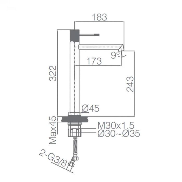 IMEX Miscelatore lavabo alto in ottone cromato con cartuccia ceramica Ø26 mm TOP e set 2 flessibili 3-8 inclusi altezza 322 mm canna 173 mm modello BDD038-3