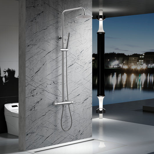 IMEX Colonna doccia miscelatore cromata in acciaio inox S304 e ottone con soffione extra piatto Ø20 cm anticalcare asta estensibile cartuccia ceramica Ø35 mm tubo flessibile 15 m serie LINE Imex