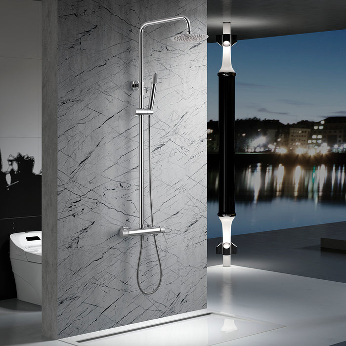 IMEX Colonna doccia miscelatore cromata in acciaio inox S304 e ottone con soffione extra piatto Ø20 cm anticalcare asta estensibile cartuccia ceramica Ø35 mm tubo flessibile 15 m serie LINE Imex