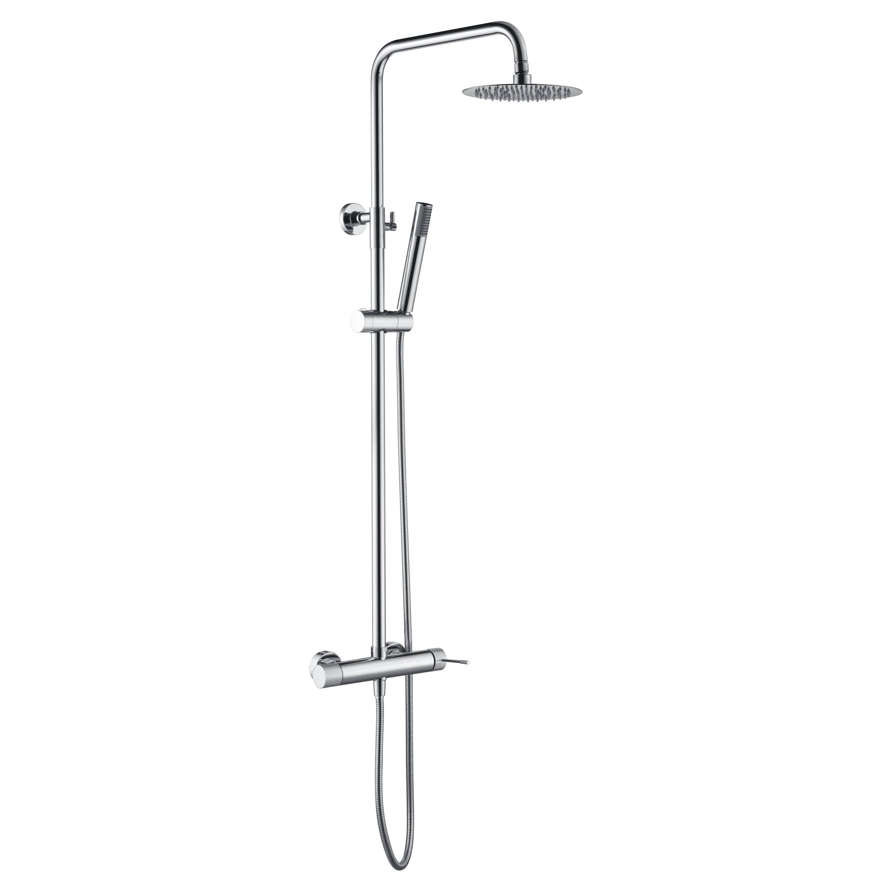 IMEX Colonna doccia miscelatore cromata in acciaio inox S304 e ottone con soffione extra piatto Ø20 cm anticalcare asta estensibile cartuccia ceramica Ø35 mm tubo flessibile 15 m serie LINE Imex