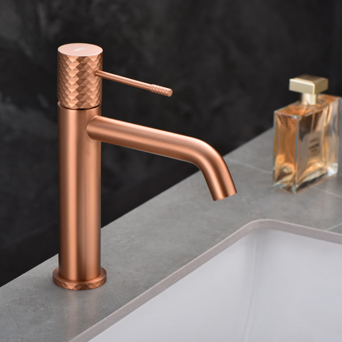 IMEX Miscelatore monocomando per lavabo in ottone con finitura PVD oro rosa spazzolato cartuccia ceramica Ø26 mm tubi flessibili 3-8 cold open - modello Imex-BDG053-1ORC Genova