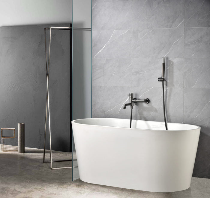 IMEX Miscelatore vasca-doccia nero canna di fucile in ottone con tubo flessibile PVC 180 cm supporto doccia ABS maniglia rotonda cartuccia ceramica Ø35 mm finitura PVD black gun metal - Modello Im