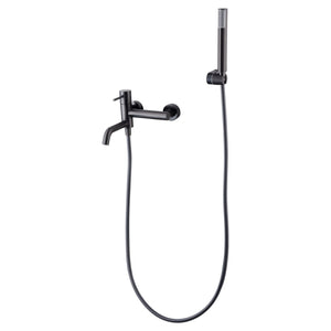 IMEX Miscelatore vasca-doccia nero canna di fucile in ottone con tubo flessibile PVC 180 cm supporto doccia ABS maniglia rotonda cartuccia ceramica Ø35 mm finitura PVD black gun metal - Modello Im