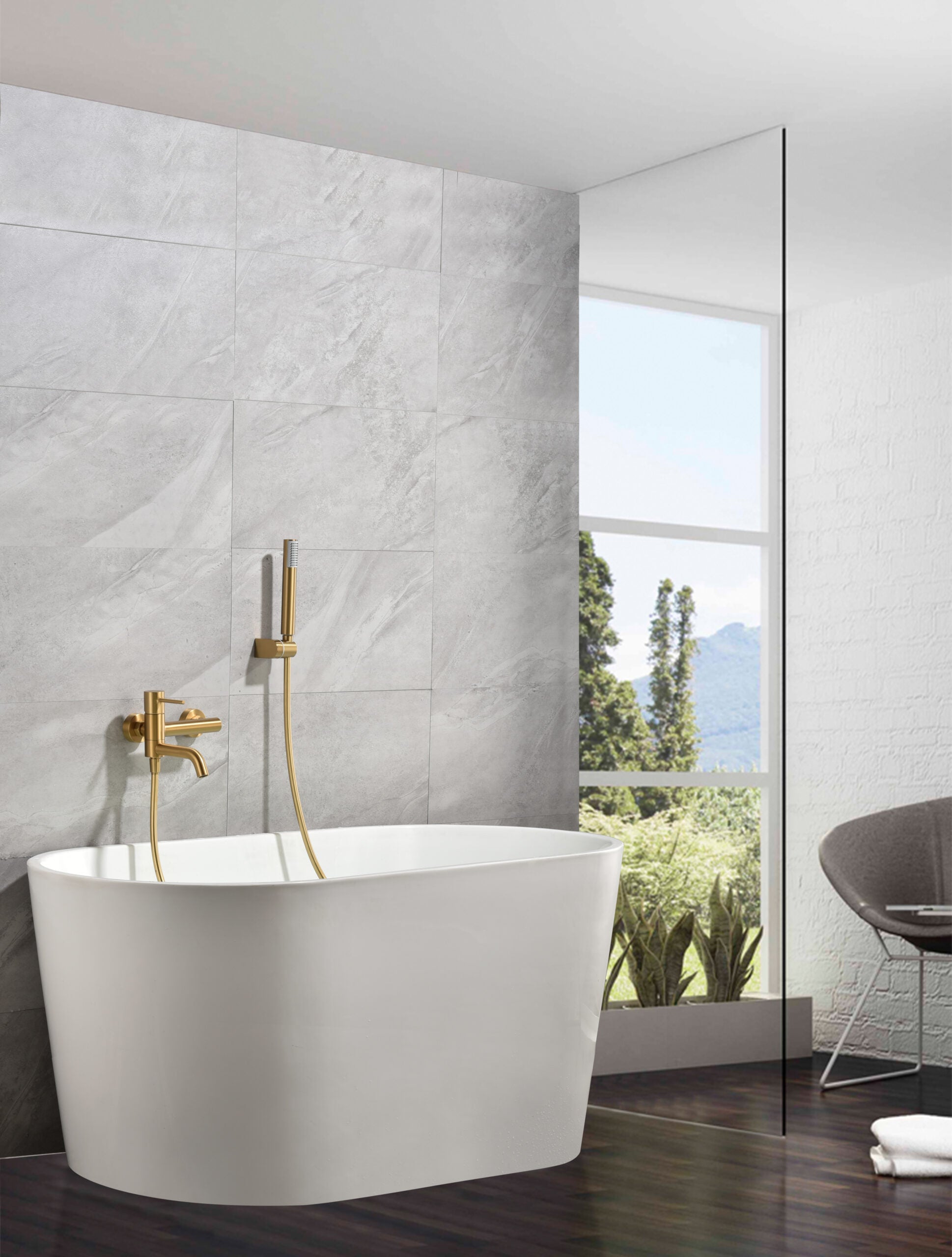 IMEX Miscelatore vasca-doccia oro spazzolato in ottone con tubo flessibile PVC 180 cm supporto doccia ABS maniglia rotonda cartuccia ceramica Ø35 mm finitura PVD modello Imex-BDM039-4OC Monza